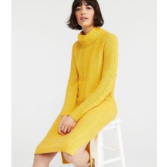 NWT Ann Taylor Sunflower Yellow Cable Knit Turtleneck Sweater Midi Dress - Picture 1 of 16